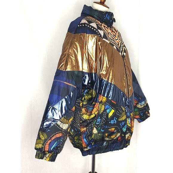 FARM RIO Puffer Jacket M Reversible Borogodo Metallic Floral Tropical Winter - Picture 8 of 15